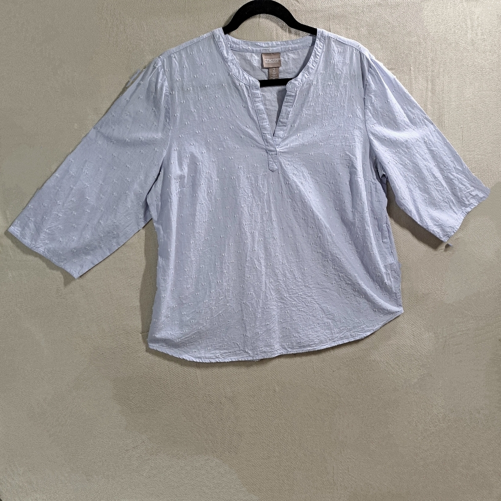 Chico's 2 (US:L) Women Cotton 3/4 Sleeve Pullover VNeck Eyelash Dot Blouse Tunic